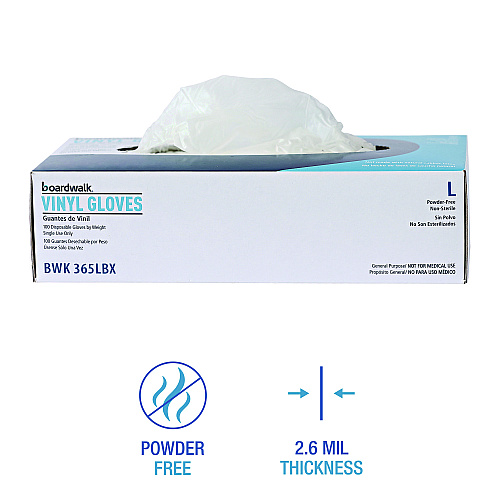 Boardwalk&reg; Disposable Vinyl Gloves, Clear, Large, 4 mil, 100 Gloves (BWK365LBX)