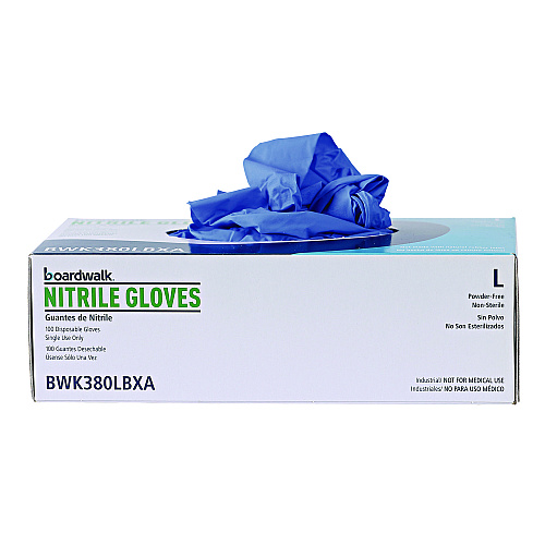 Boardwalk&reg; Disposable Nitrile Gloves, Large, Blue, 4 mil, 100/Box (BWK380LBXA)