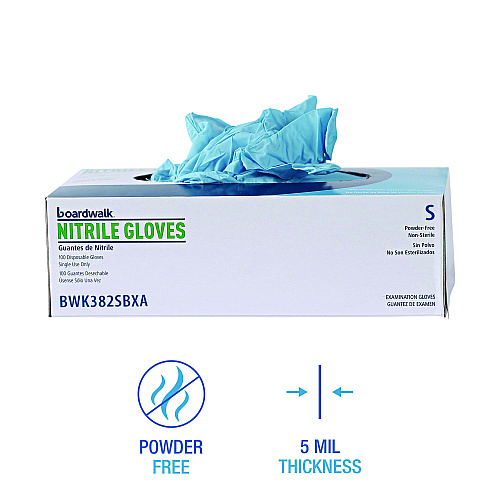 Boardwalk&reg; Disposable Examination Nitrile Gloves, Small, Blue, 5 mil, 100/Box (BWK382SBXA)
