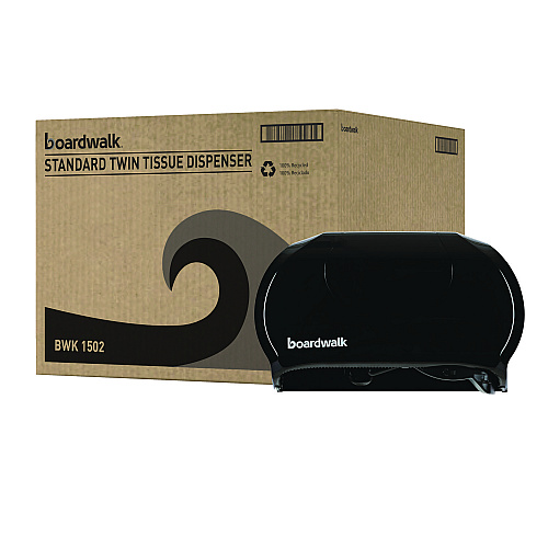 Boardwalk&reg; Standard Twin Toilet Paper Dispenser, 2 Rolls, Black (BWK1502)