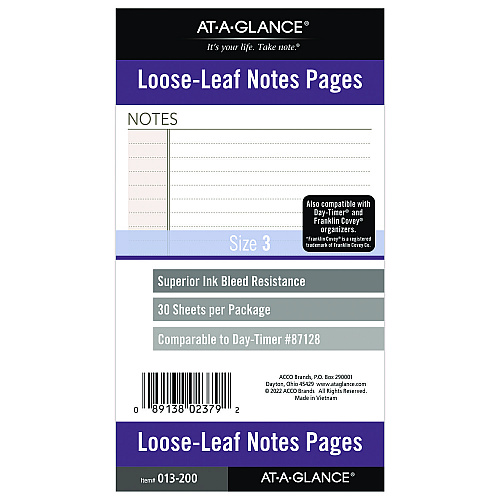 AT-A-GLANCE Lined Notes Pages for Planners/Organizers, 6.75 x 3.75, White Sheets, Undated (013200)