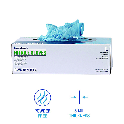 Boardwalk&reg; Disposable Food Service Nitrile Gloves, Large, Blue, 5 mil, 1000/Carton (BWK382LCTA)