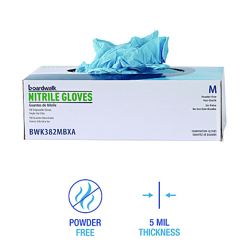 Boardwalk&reg; Disposable Examination Nitrile Gloves, Medium, Blue, 5 mil, 100/Box (BWK382MBXA)
