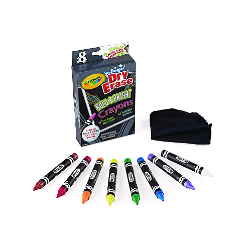 Crayola Washable Dry Erase Crayons w/E-Z Erase Cloth, Assorted Bright Colors, 8/Box (985202)