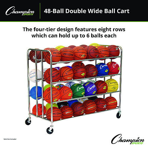 Champion Sports 48 Ball Double Wide Ball Cart, Metal, 176 lb Capacity, 24 x 55.5 x 46.5, Chrome (BRC48)