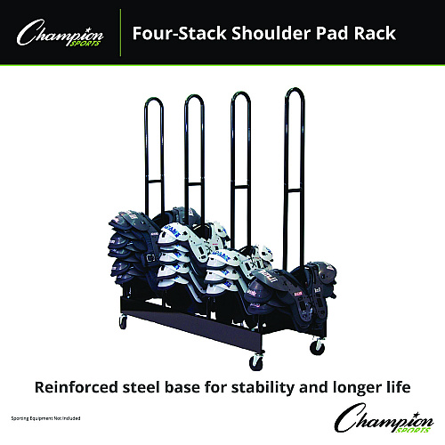 Champion Sports Mobile Four-Stack Shoulder Pad Rack, Metal, 176 lb Capacity, 24" x 59" x 68", Black (FBSPR4)