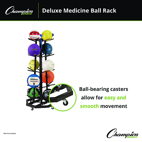 Champion Sports Deluxe Five-Row Mobile Medicine Ball Rack, Metal, 198 lb Capacity, 25" x 25" x 56", Black (MBR3)