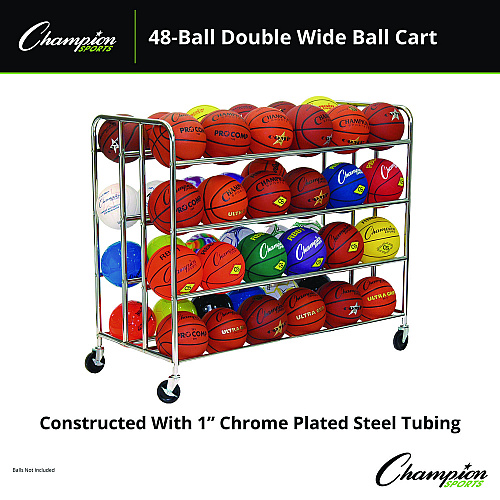 Champion Sports 48 Ball Double Wide Ball Cart, Metal, 176 lb Capacity, 24 x 55.5 x 46.5, Chrome (BRC48)