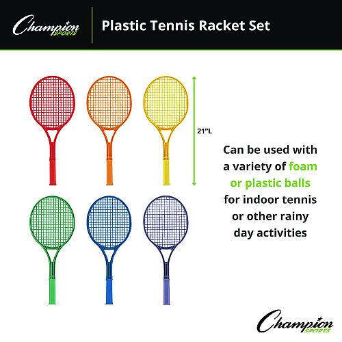 Champion Sports Plastic Tennis Racket Set, Six 21" Rackets, Assorted Colors (JTRSET)
