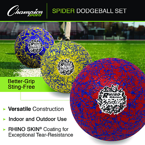 Champion Sports Rhino Skin Spider Dodgeball Set, 6.3" Diameter, Assorted Colors, 6/Set (RXSPDRSET)