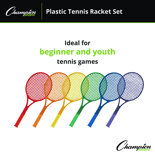 Champion Sports Plastic Tennis Racket Set, Six 21" Rackets, Assorted Colors (JTRSET)