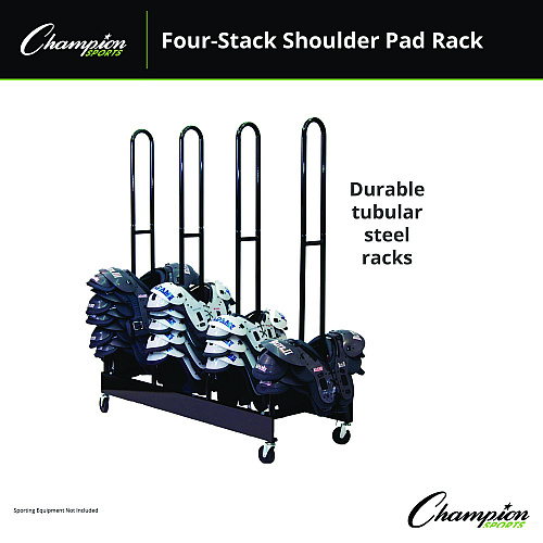 Champion Sports Mobile Four-Stack Shoulder Pad Rack, Metal, 176 lb Capacity, 24" x 59" x 68", Black (FBSPR4)