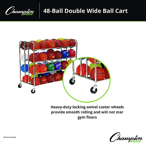 Champion Sports 48 Ball Double Wide Ball Cart, Metal, 176 lb Capacity, 24 x 55.5 x 46.5, Chrome (BRC48)