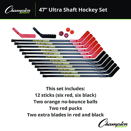 Champion Sports Ultra Shaft Hockey Set, Twelve 47' Hockey Sticks/Two Pucks/Two Balls/Two Extra Blades (US47SET)