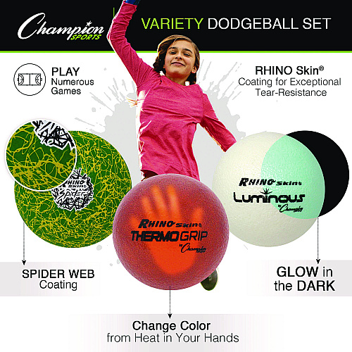 Champion Sports Rhino Skin Variety Dodgeball Set, 6.3" Diameter, Luminous/Spider/ThermoGrip, 6/Set (RXVARIETYSET)