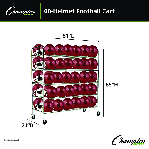 Champion Sports 60 Helmet Football Cart, Five Shelves, Metal, 176 lb Capacity, 24" x 61" x 65", Chrome (FBHC)