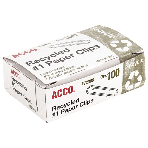 Acco&reg; Recycled Paper Clips, No. 1 Size, 100/Box, 10 Boxes/Pack (72365)