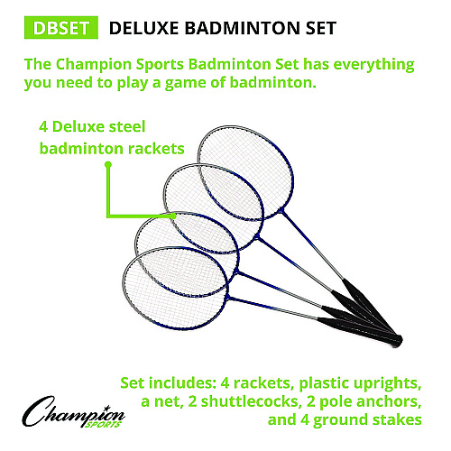 Champion Sports Deluxe Badminton Set, 20 ft Net with 4 Rackets, 2 Shuttlecocks (DBSET)