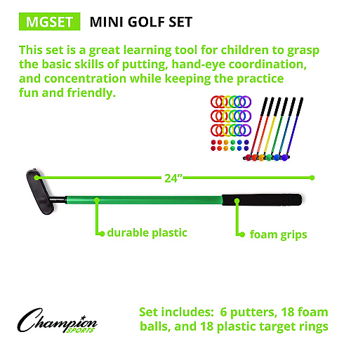 Champion Sports Mini Golf Set, 12 Balls/6 Putters/18 Rings/3 Target Holes (MGSET)