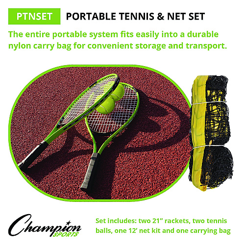 Champion Sports Tennis Net Set with 2 Rackets and 2 Tennis Balls (PTNSET)
