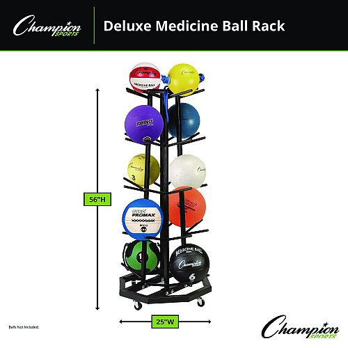 Champion Sports Deluxe Five-Row Mobile Medicine Ball Rack, Metal, 198 lb Capacity, 25" x 25" x 56", Black (MBR3)