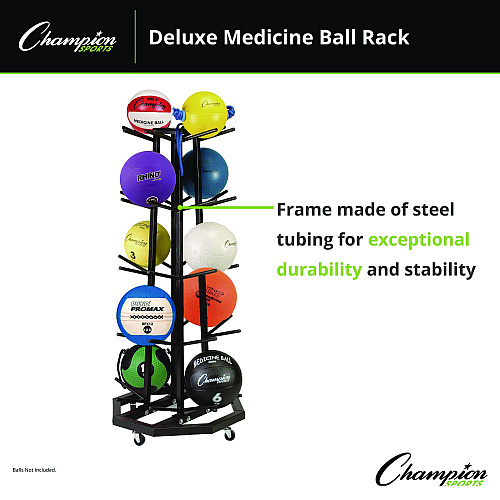 Champion Sports Deluxe Five-Row Mobile Medicine Ball Rack, Metal, 198 lb Capacity, 25" x 25" x 56", Black (MBR3)