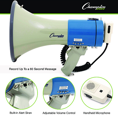 Champion Sports 18-Watt Voice Record Megaphone, 1,000 yds Range, 18 W to 35 W (MP18W)