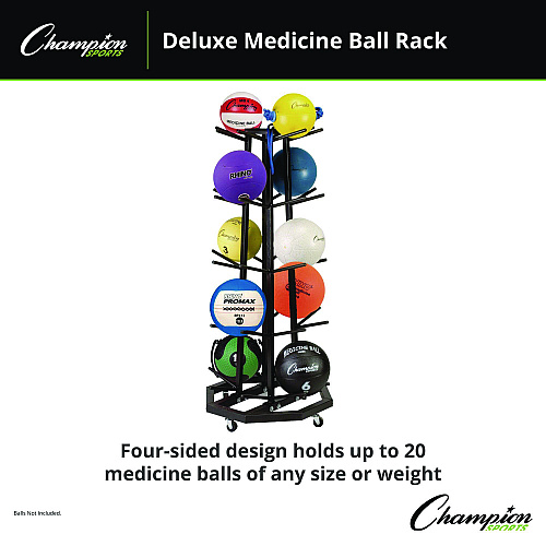 Champion Sports Deluxe Five-Row Mobile Medicine Ball Rack, Metal, 198 lb Capacity, 25" x 25" x 56", Black (MBR3)