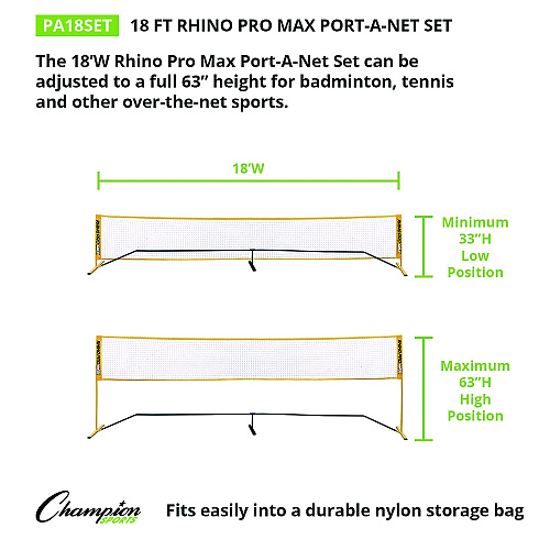 Champion Sports Rhino Port-A-Net Set, 36" to 60" x 18 ft, 1" dia Frame (PA18SET)