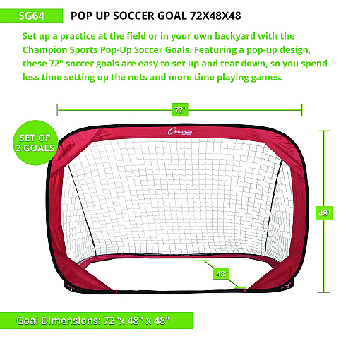 Champion Sports Pop Up Soccer Goal, 72"  x 48", 1.25" dia, Pair (SG64)