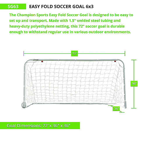 Champion Sports Easy Fold Soccer Goal, 6 ft  x 3 ft, 1.25" dia Frame (SG63)