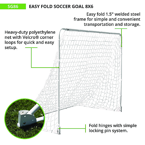 Champion Sports Easy Fold Soccer Goal, 8 ft x 6 ft, 1.25" dia Frame (SG86)