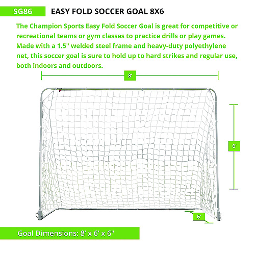 Champion Sports Easy Fold Soccer Goal, 8 ft x 6 ft, 1.25" dia Frame (SG86)