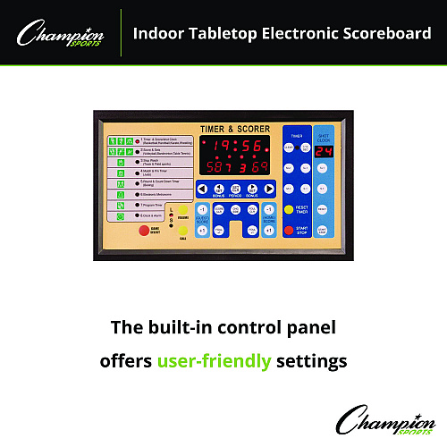 Champion Sports Tabletop Indoor Electronic Scoreboard, 24" x 16" x 10", Black Face, Red/Green/Yellow Graphics (T90)