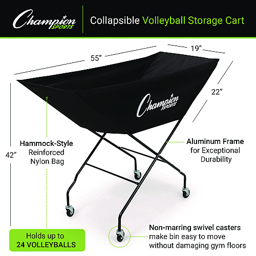 Champion Sports Pro Collapsible Volleyball Cart, 23" x 55" x 41", Black (VCPRO)