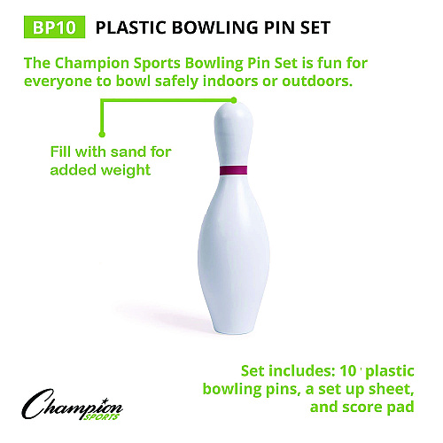 Champion Sports Plastic Bowling Pin Set, White, 10/Set (BP10)
