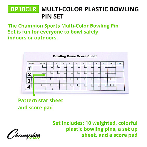 Champion Sports Plastic Bowling Pin Set, Assorted Colors, 10/Set (BP10CLR)