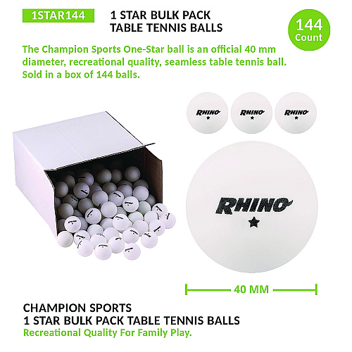 Champion Sports Table Tennis Balls, Official Size, White, 144/Carton (1STAR144)