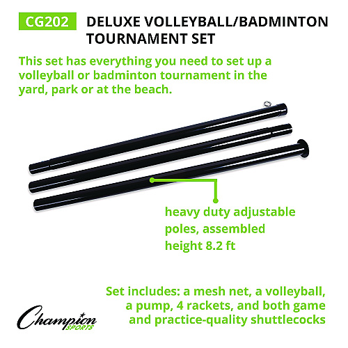 Champion Sports Deluxe Volleyball/Badminton Tournament Set, (4) Rackets/(2) Shuttlecocks/(2) Birdies/Net/Pump/Volleyball (CG202)