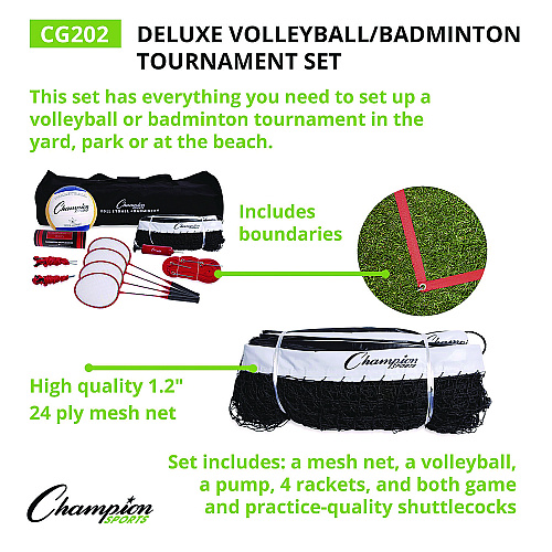 Champion Sports Deluxe Volleyball/Badminton Tournament Set, (4) Rackets/(2) Shuttlecocks/(2) Birdies/Net/Pump/Volleyball (CG202)