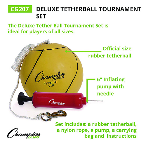Champion Sports Deluxe Tetherball Tournament Set, Ball/24" Telescopic Poles/102" Cord/Carry Case/Pump/Needle (CG207)