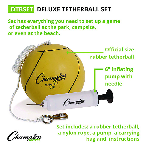 Champion Sports Deluxe Tether Ball Set, Tetherball/102" Cord/(4) 24" Telescoping Poles/Carry Bag/Pump with Needle (DTBSET)