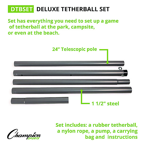 Champion Sports Deluxe Tether Ball Set, Tetherball/102" Cord/(4) 24" Telescoping Poles/Carry Bag/Pump with Needle (DTBSET)