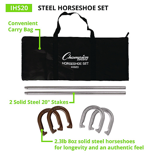 Champion Sports Steel Horseshoe Set, (4) Horseshoes/(2) 20" Stakes/Nylon Carry Bag (IHS20)