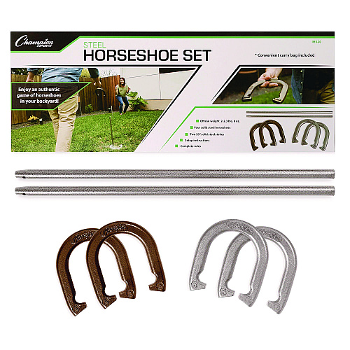 Champion Sports Steel Horseshoe Set, (4) Horseshoes/(2) 20" Stakes/Nylon Carry Bag (IHS20)