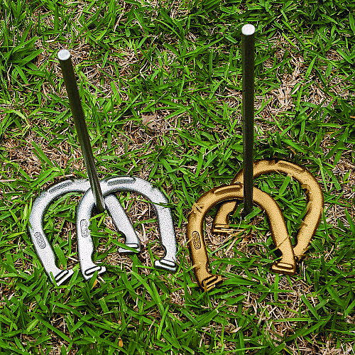 Champion Sports Steel Horseshoe Set, (4) Horseshoes/(2) 24" Stakes/Nylon Carry Bag (IHS100)