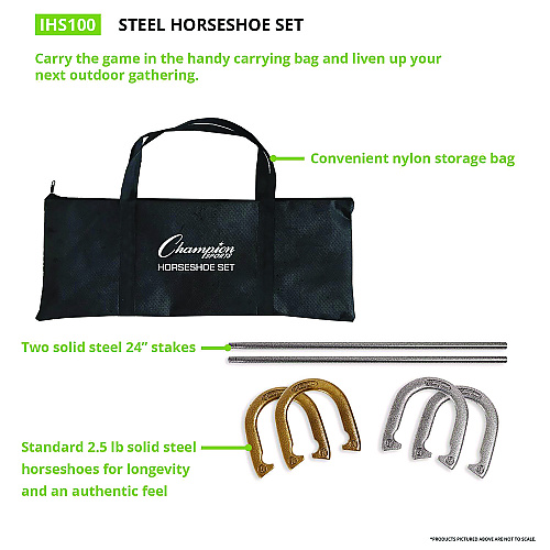 Champion Sports Steel Horseshoe Set, (4) Horseshoes/(2) 24" Stakes/Nylon Carry Bag (IHS100)