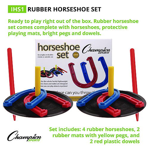 Champion Sports Steel Horseshoe Set, (4) Horseshoes/(2) 24" Stakes/Nylon Carry Bag (IHS100)