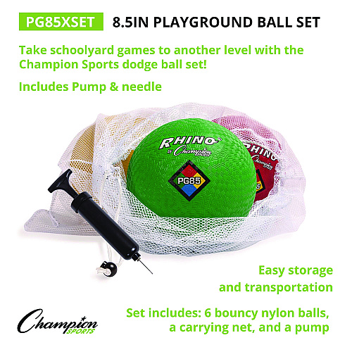 Champion Sports 8.5" Playground Ball Set with Pump, Assorted Colors, 6/Set (PG85XSET)