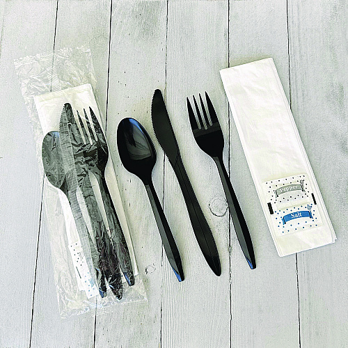 Boardwalk Six-Piece Cutlery Kit, Fork/Knife/Napkin/Pepper/Salt/Spoon, Black, 250/Carton (BWKCOMBO6KIT)
